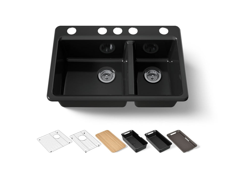 KOHLER K-8669 Riverby 33" Undermount Double-bowl Workstation Kitchen Sink, black black