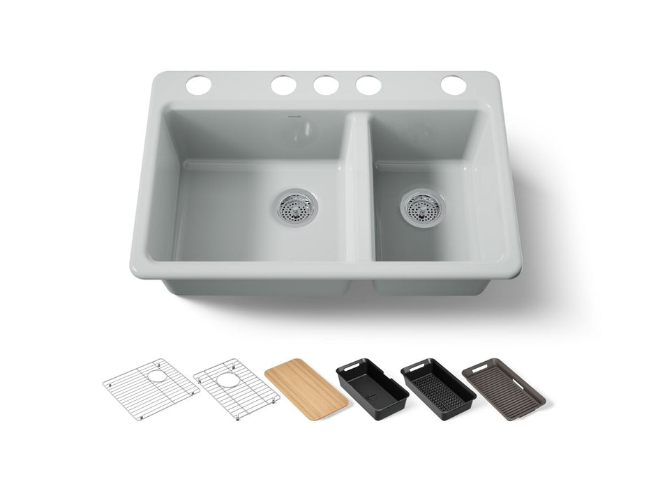 KOHLER K-8669 Riverby 33" Undermount Double-bowl Workstation Kitchen Sink, ice grey