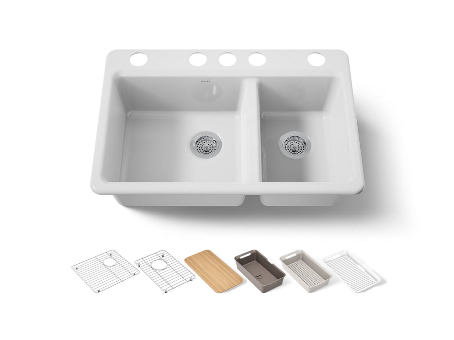 KOHLER K-8669 Riverby 33" Undermount Double-bowl Workstation Kitchen Sink, white