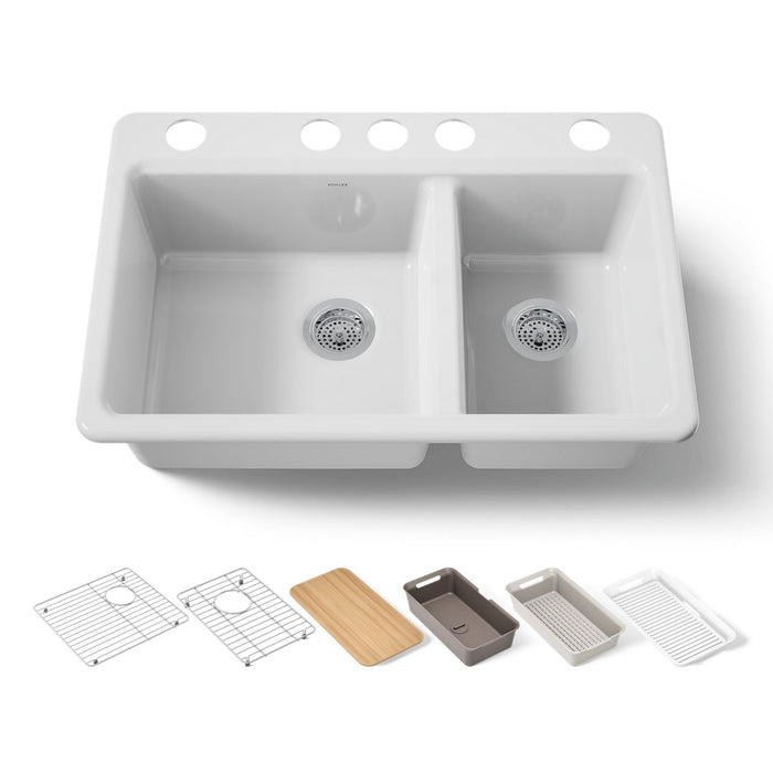 KOHLER K-8669 Riverby 33" Undermount Double-bowl Workstation Kitchen Sink, white - view 5