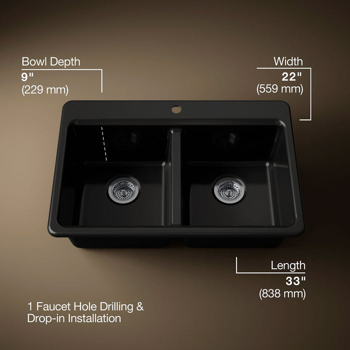 KOHLER K-8679 Riverby 33" Top-mount Double-bowl Kitchen Sink, black black - view 3
