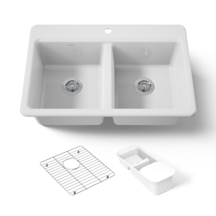 KOHLER K-8679-1A2 Riverby 33" top-mount double-bowl workstation kitchen sink, white - view 5