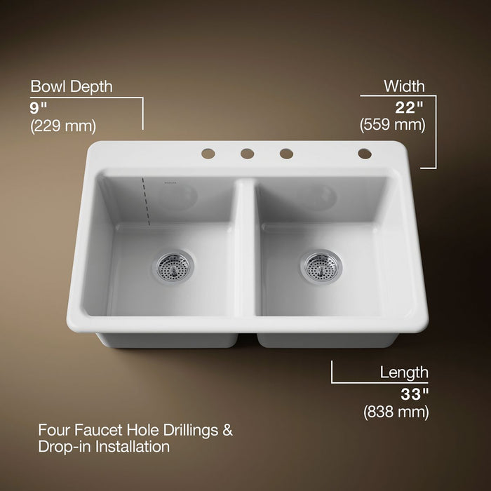 KOHLER K-8679 Riverby 33" Top-mount Double-bowl Kitchen Sink, white - view 3