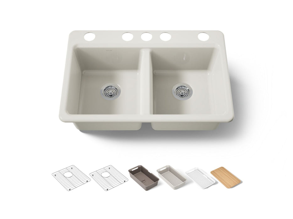 KOHLER K-8679 Riverby 33" Undermount Double-bowl Workstation Kitchen Sink, biscuit