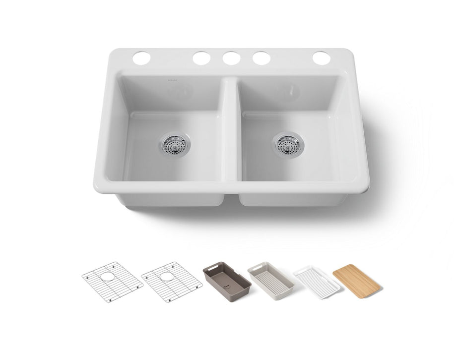 KOHLER K-8679 Riverby 33" Undermount Double-bowl Workstation Kitchen Sink, white