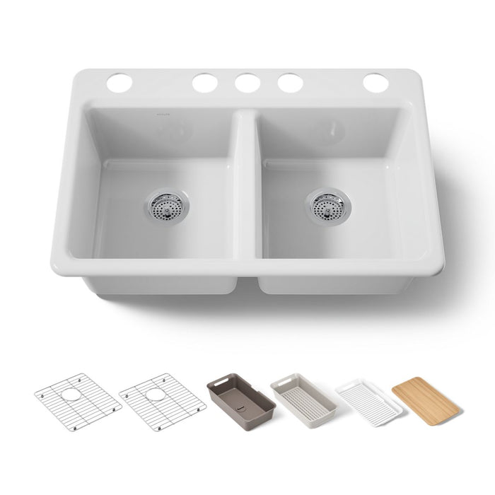 KOHLER K-8679 Riverby 33" Undermount Double-bowl Workstation Kitchen Sink, white - view 5