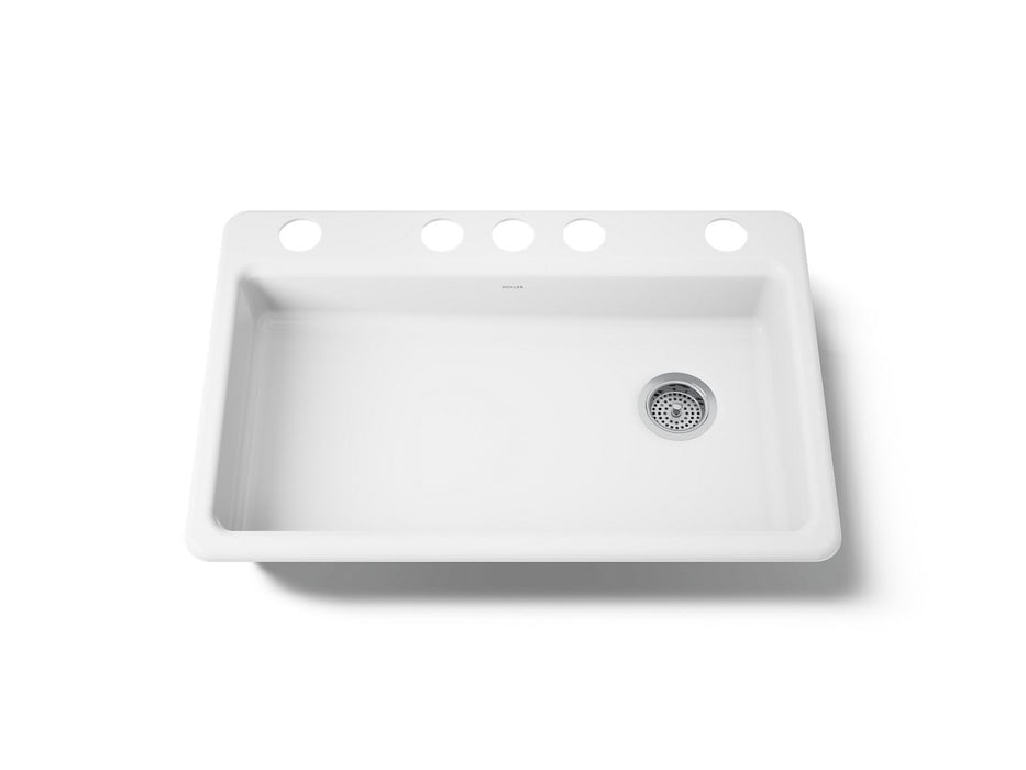 KOHLER K-8689-5U Riverby 33" undermount single-bowl kitchen sink, white