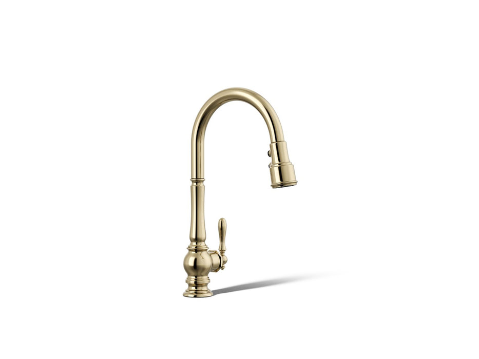 KOHLER K-99259 Artifacts Pull-down kitchen sink faucet with three-function sprayhead, vibrant french gold