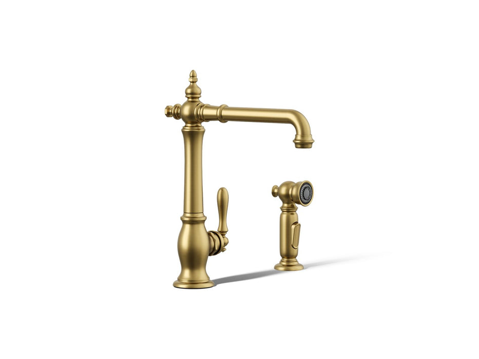 KOHLER K-99265 Artifacts Single-handle kitchen sink faucet with side sprayer, vibrant brushed moderne brass