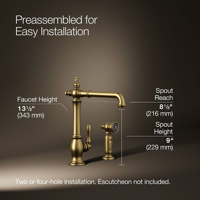 KOHLER K-99265 Artifacts Single-handle kitchen sink faucet with side sprayer, vibrant brushed moderne brass - view 3