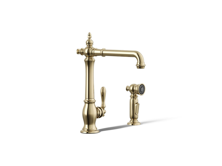 KOHLER K-99265 Artifacts Single-handle kitchen sink faucet with side sprayer, vibrant french gold