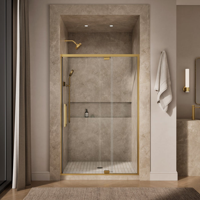 KOHLER K-CA37596-8L Statement 76" H pivot shower door with 5/16"-thick glass, vibrant brushed moderne brass - view 3