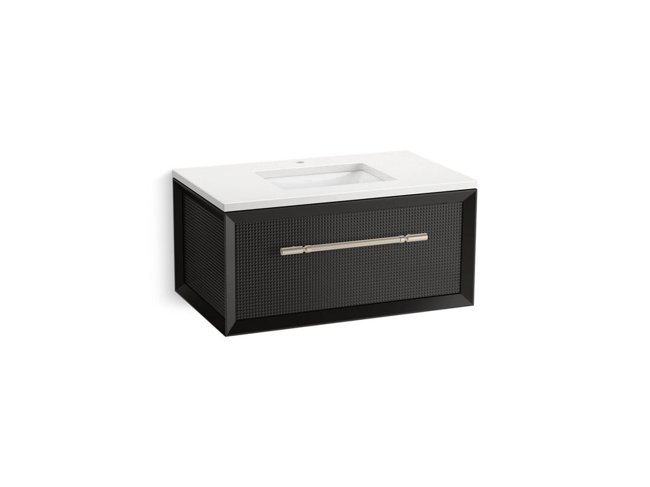KOHLER K-CM33562-BD10 Enivo 36" Wall-hung Bathroom Vanity Cabinet with Sink and Quartz Top, Gloss Black - 3/4 view of product