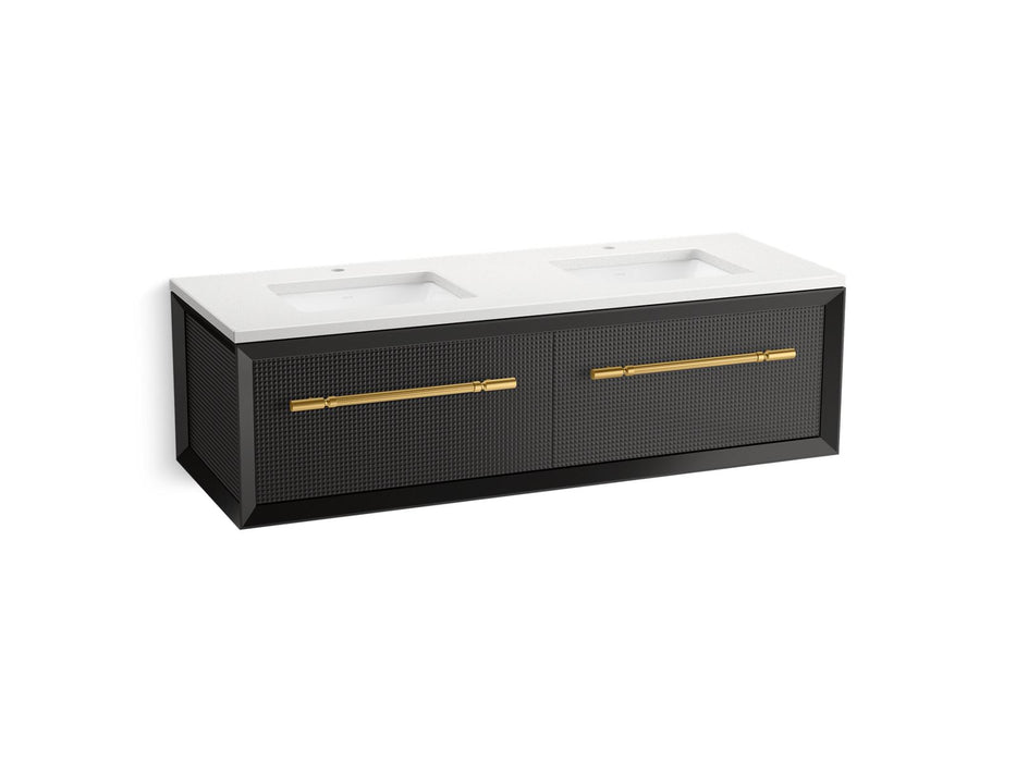 KOHLER K-CM33563-BD11 Enivo 60" Wall-hung Bathroom Vanity Cabinet with Sinks and Quartz Top, Gloss Black - 3/4 view of produc