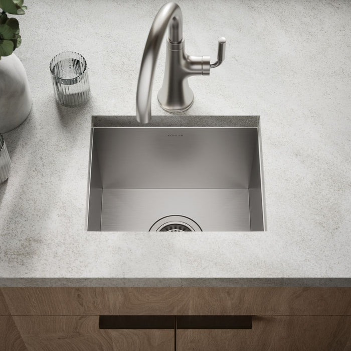 KOHLER K-RH20908-1 Lyric 15" Top-/under-mount Single-bowl Bar Sink, Stainless Steel - Shows close up detail of product in roo