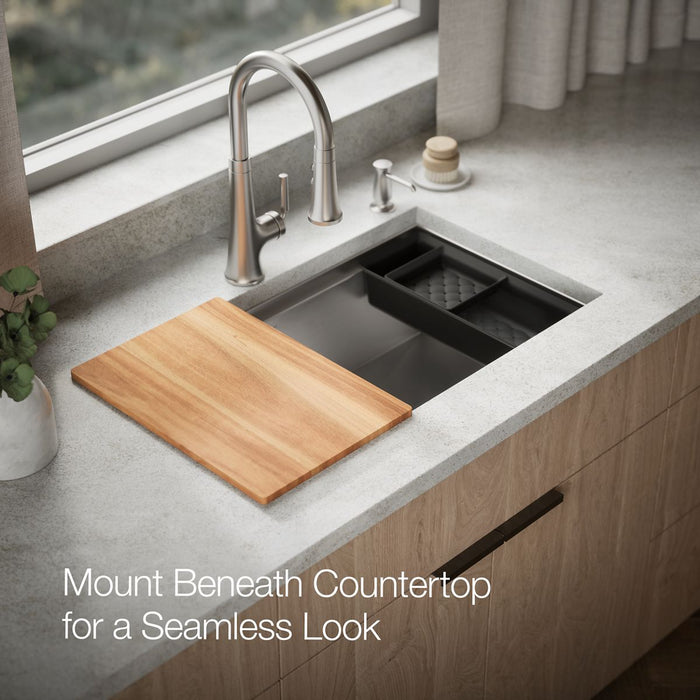 KOHLER K-RH23374-4PC Lyric Workstation 33" Top-/undermount Single-bowl Kitchen Sink, Stainless Steel - image focused on singl