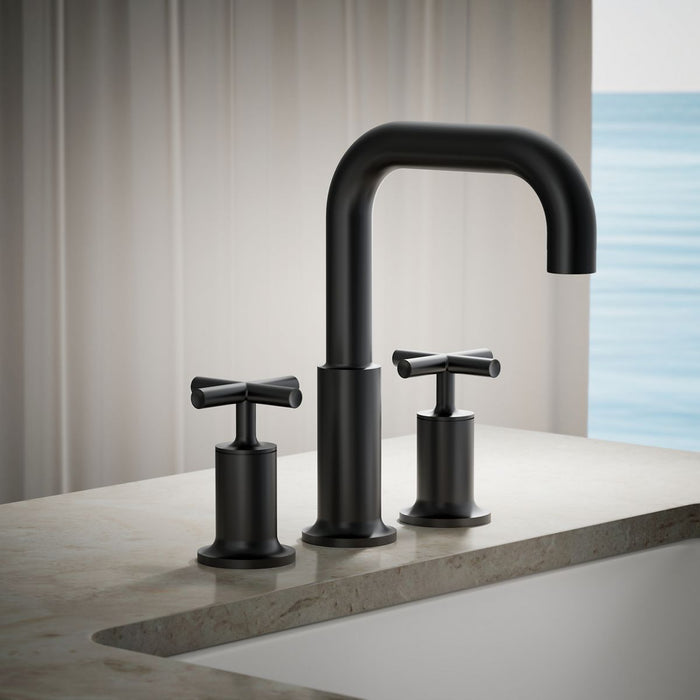 KOHLER K-T14428-3 Purist Deck-mount Bath Faucet Trim with Cross Handles, Matte Black - Shows close up detail of product in ro
