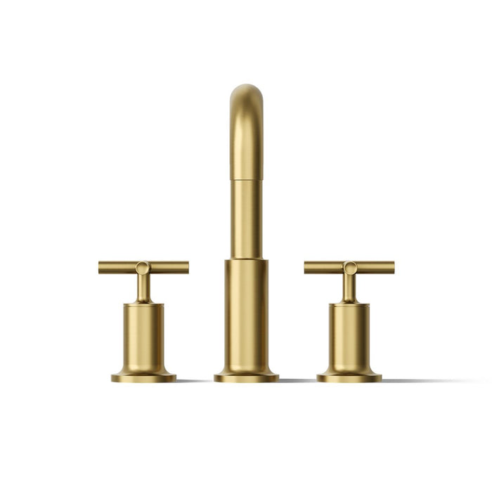 KOHLER K-T14428-3 Purist Deck-mount Bath Faucet Trim with Cross Handles, Vibrant Brushed Moderne Brass - front view of produc