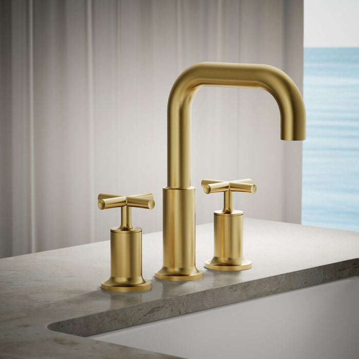 KOHLER K-T14428-3 Purist Deck-mount Bath Faucet Trim with Cross Handles, Vibrant Brushed Moderne Brass - Shows close up detai