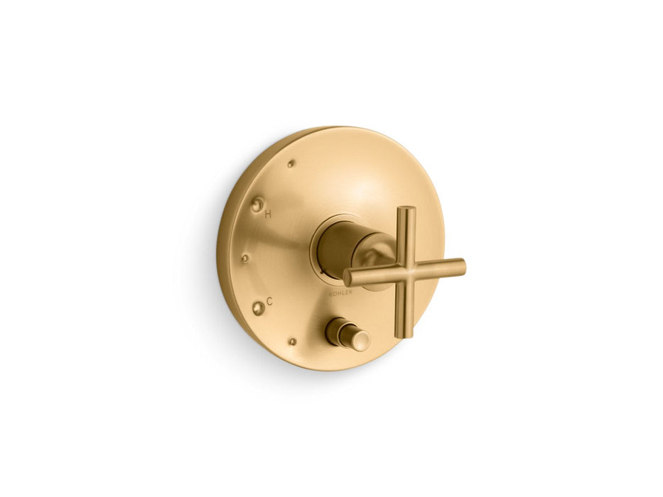 KOHLER K-T14501-3 Purist Rite-Temp valve trim with push-button diverter and cross handle, vibrant brushed moderne brass