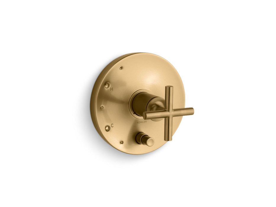 KOHLER K-T14501-3 Purist Rite-Temp valve trim with push-button diverter and cross handle, vibrant moderne brushed gold