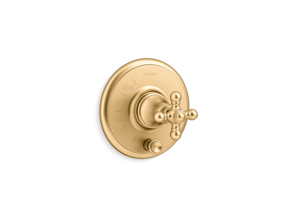 KOHLER K-T72768-3 Artifacts Rite-Temp valve trim with push-button diverter and cross handle, vibrant brushed moderne brass
