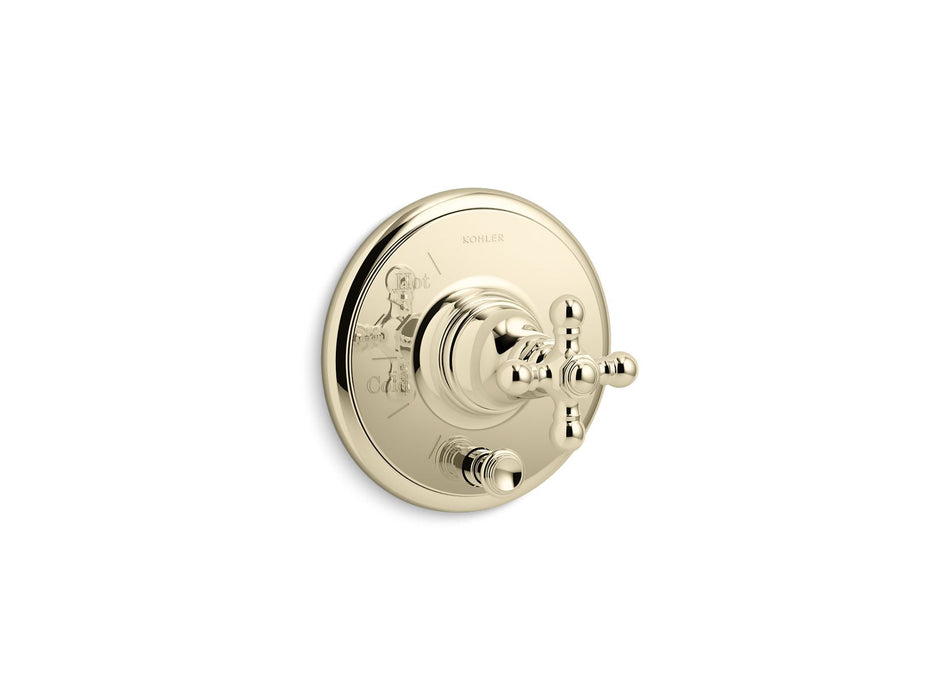 KOHLER K-T72768-3 Artifacts Rite-Temp valve trim with push-button diverter and cross handle, vibrant french gold
