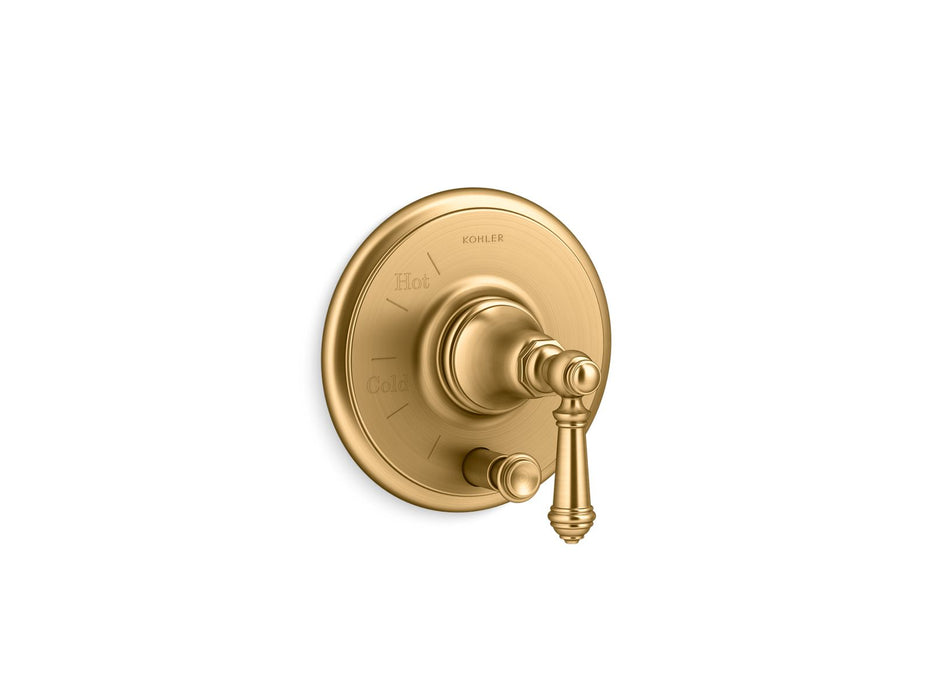 KOHLER K-T72768-4 Artifacts Rite-Temp valve trim with push-button diverter and lever handle, vibrant brushed moderne brass