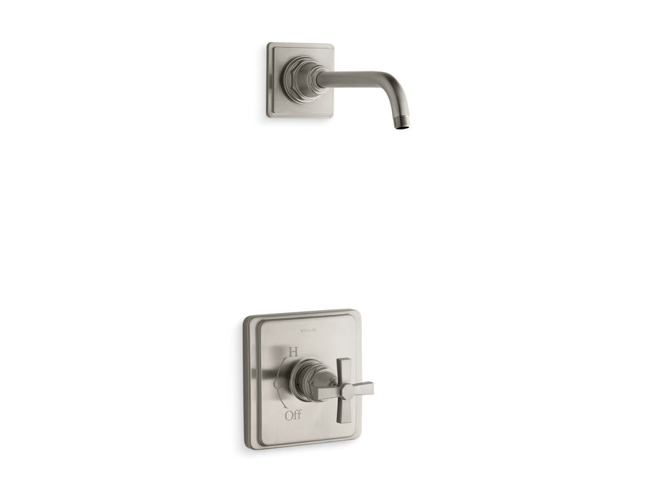 KOHLER K-TLS13134-3A Pinstripe Pure Rite-Temp shower trim kit with cross handle, without showerhead, vibrant brushed nickel