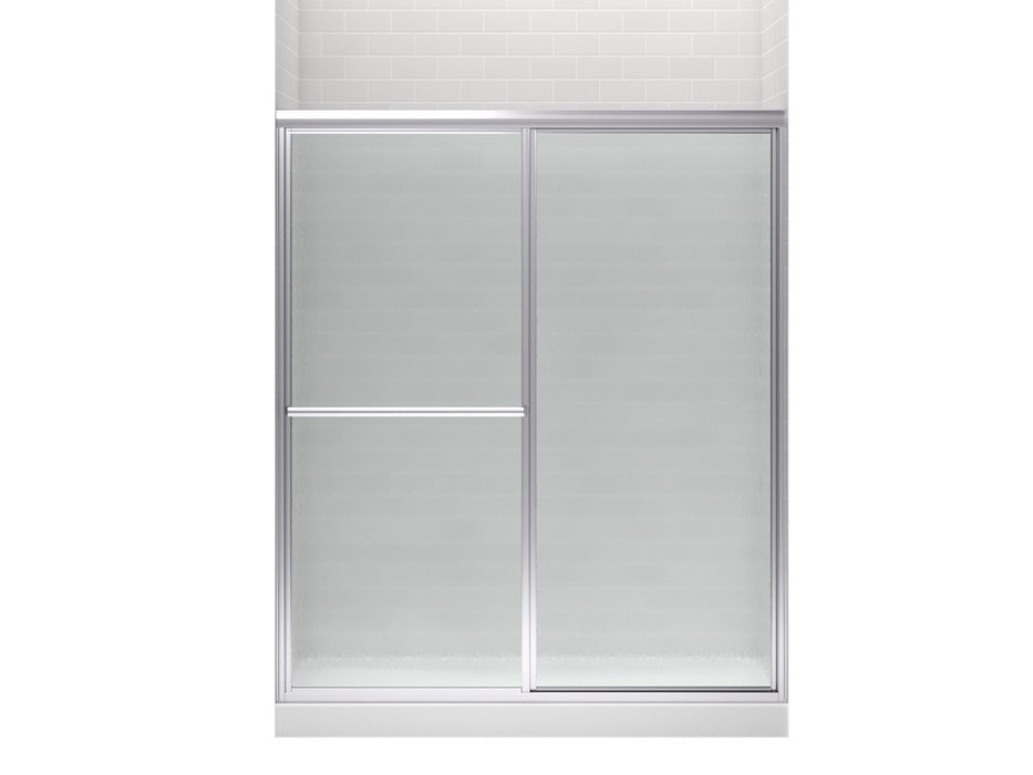 Sterling Deluxe Framed sliding shower door, 70" H x 54-3/8 - 59-3/8" W, with 1/8" thick Rain glass - Silver