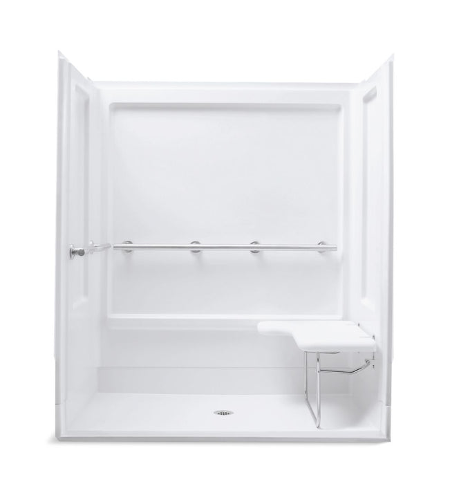 Sterling 62070115 OC-S-63 63-1/4" x 39-3/8" Vikrell® Roll-in Shower with Right Seat and Grab Bars, Center Drain, White