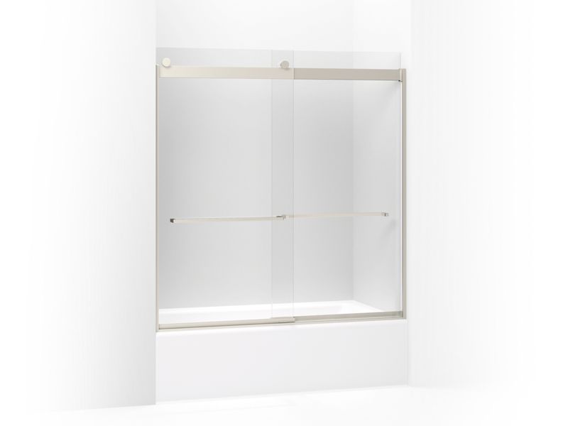 KOHLER 706007-L-NX Levity Sliding Bath Door, 62" H X 56-5/8 - 59-5/8" W, With 3/8" Thick Crystal Clear Glass And Square Towel Bar in Brushed Nickel