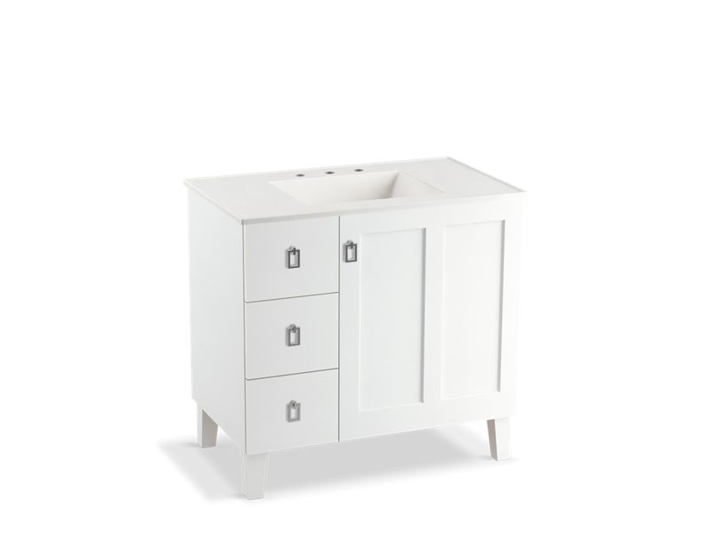 KOHLER K-99533-LGL-1WA Poplin 36" bathroom vanity cabinet with legs, 1 door and 3 drawers on left