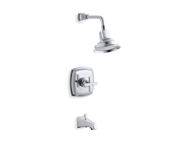 KOHLER TS16225-3-CP Margaux Rite-Temp Bath And Shower Trim Set With Cross Handle And Npt Spout, Valve Not Included in Polished Chrome