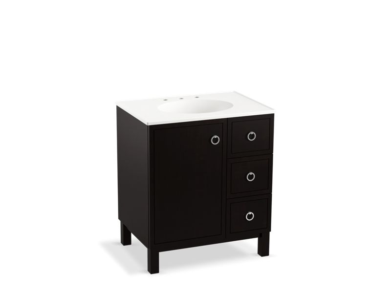 KOHLER K-99504-LGR-1WU Jacquard 30" bathroom vanity cabinet with furniture legs, 1 door and 3 drawers on right