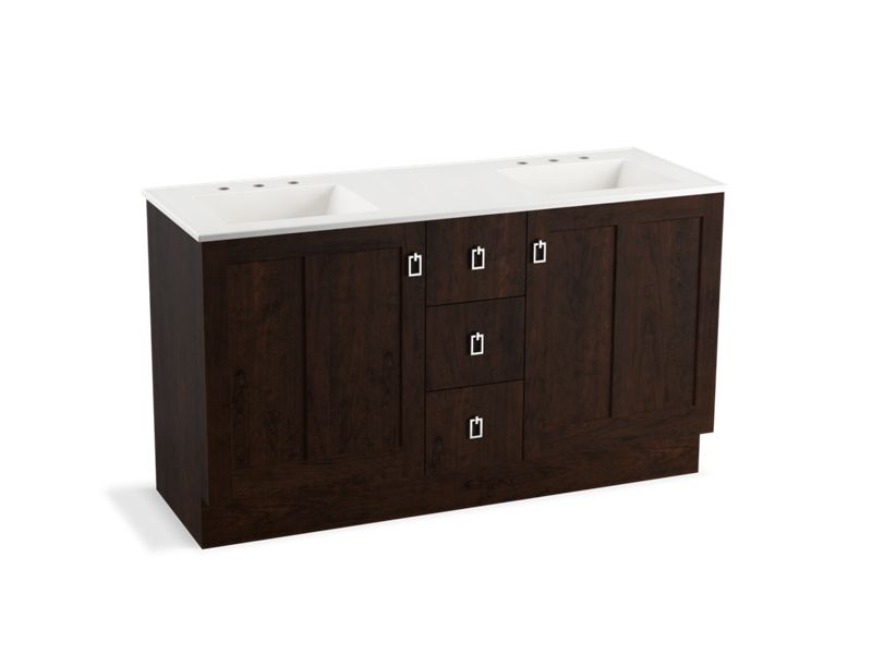KOHLER K-99537-TKSD-1WB Poplin 60" bathroom vanity cabinet with toe kick, 2 doors and 3 drawers, split top drawer