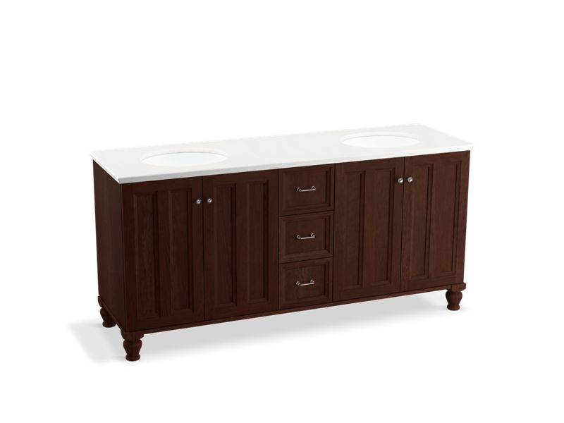KOHLER K-99525-LGSD-1WG Damask 72" bathroom vanity cabinet with furniture legs, 4 doors and 3 drawers, split top drawer