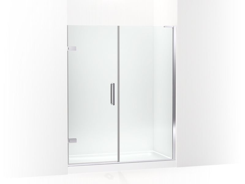KOHLER 27616-10L-SHP Composed 57-1/4"–58" W X 71-1/2" H Frameless Pivot Shower Door With 3/8" Crystal Clear Glass And Back-To-Back Vertical Door Pulls in Bright Polished Silver