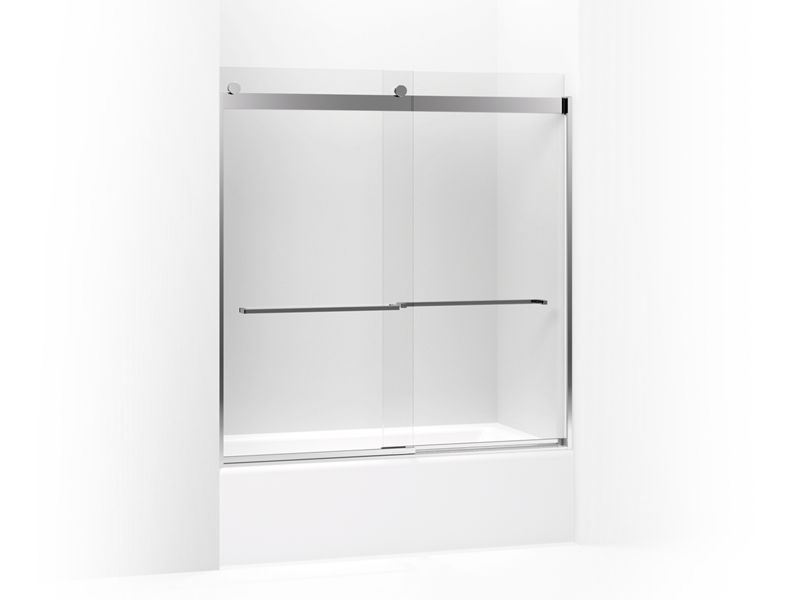 KOHLER 706007-L-SHP Levity Sliding Bath Door, 62" H X 56-5/8 - 59-5/8" W, With 3/8" Thick Crystal Clear Glass And Square Towel Bar in Bright Polished Silver