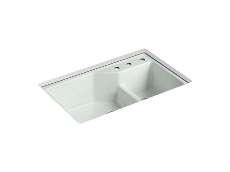 KOHLER K-6411-3 Indio 33" x 21-1/8" x 9-3/4" Smart Divide undermount double-bowl large/small workstation kitchen sink...