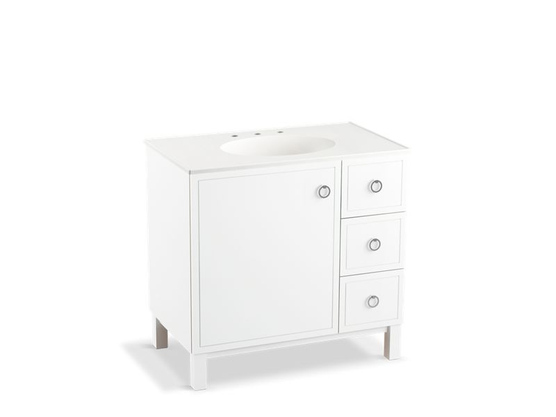 KOHLER K-99507-LGR-1WA Jacquard 36" bathroom vanity cabinet with furniture legs, 1 door and 3 drawers on right
