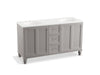 KOHLER K-99524-LGSD-1WT Damask 60" bathroom vanity cabinet with furniture legs, 2 doors and 3 drawers, split top drawer