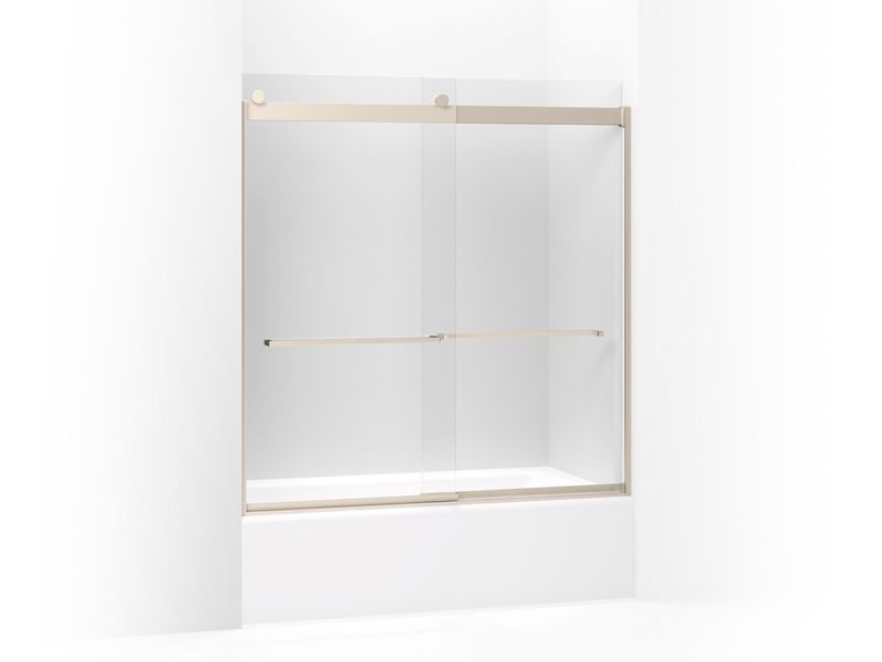 KOHLER 706007-L-ABV Levity Sliding Bath Door, 62" H X 56-5/8 - 59-5/8" W, With 3/8" Thick Crystal Clear Glass And Square Towel Bar in Anodized Brushed Bronze