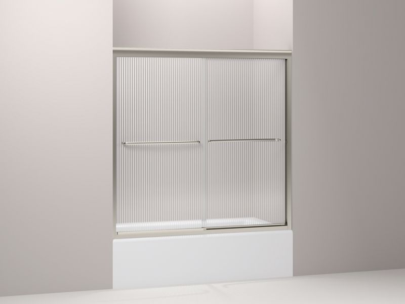 KOHLER 702200-G54-MX Fluence Sliding Bath Door, 58-5/16" H X 56-5/8 - 59-5/8" W, With 1/4" Thick Falling Lines Glass in Matte Nickel