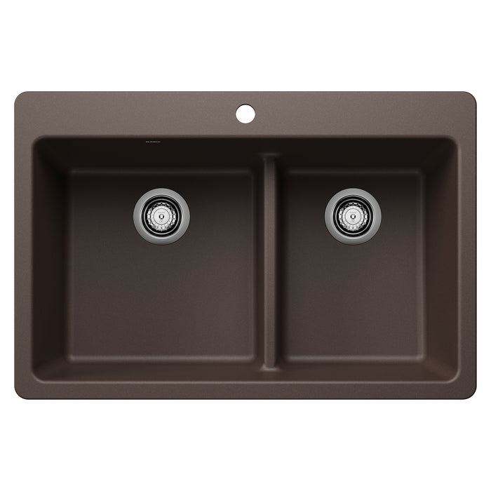 BLANCO Liven SILGRANIT 33" 60/40 Double Bowl Dual Mount Kitchen Sink with Low Divide - Café