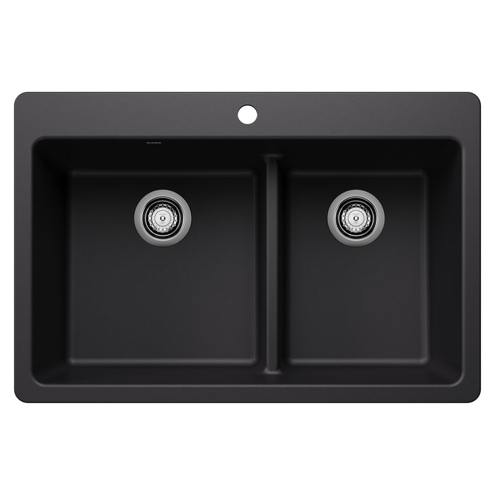 BLANCO Liven SILGRANIT 33" 60/40 Double Bowl Dual Mount Kitchen Sink with Low Divide - Coal Black
