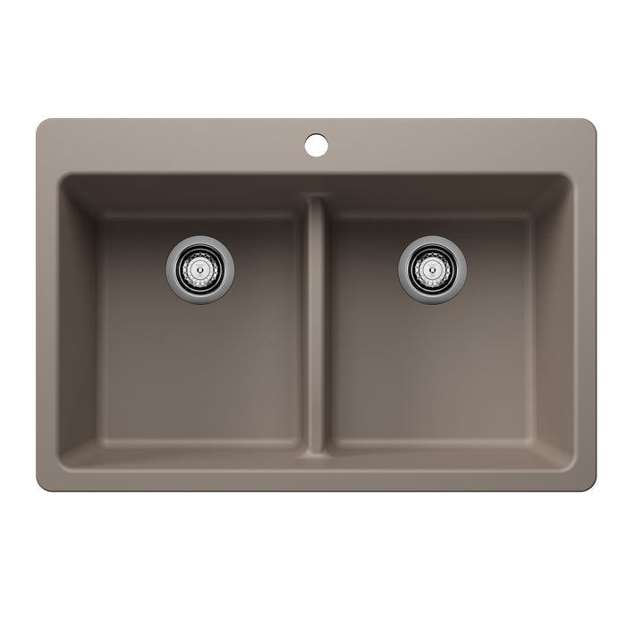 BLANCO Liven SILGRANIT 33" 50/50 Double Bowl Dual Mount Kitchen Sink with Low Divide - Truffle