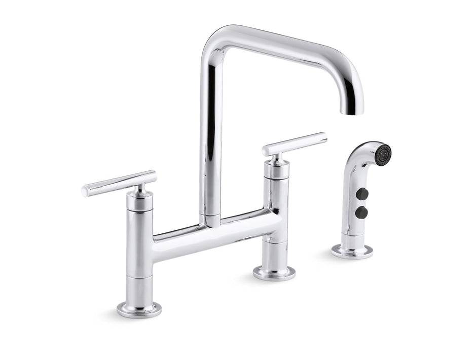 KOHLER K-7548-4 Purist Two-hole bridge kitchen sink faucet with side sprayer