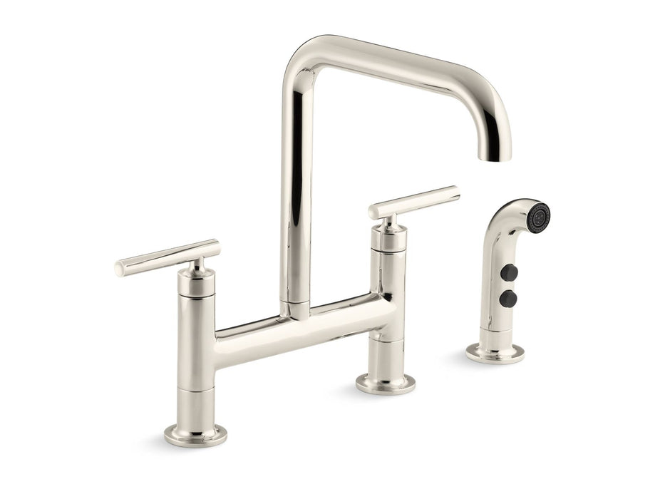 KOHLER K-7548-4 Purist Two-hole bridge kitchen sink faucet with side sprayer