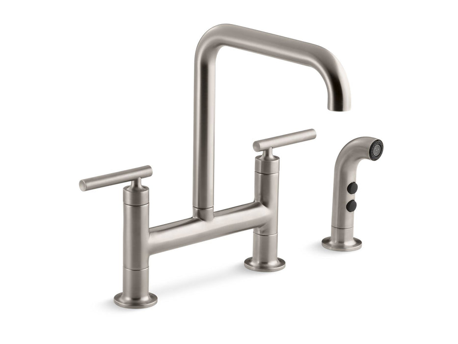 KOHLER K-7548-4 Purist Two-hole bridge kitchen sink faucet with side sprayer